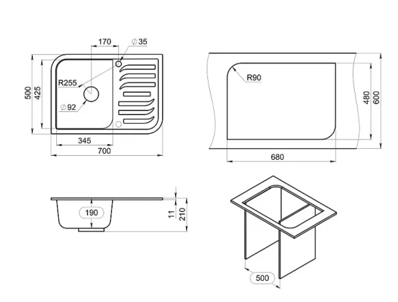 7001, ГРАФИТ (ЧЁРНО-СЕРЫЙ), кухонная мойка, кварц