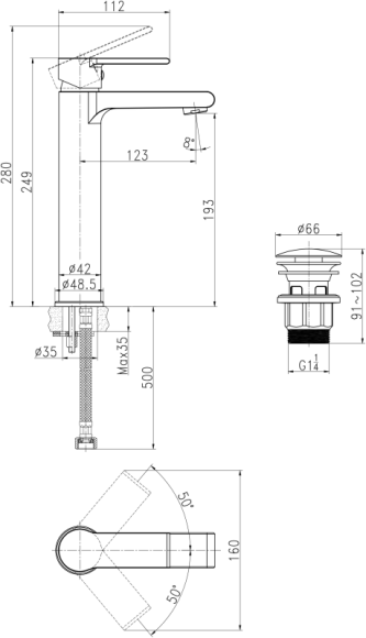 Смеситель для раковины высокий BRASKO однорычажный клик клак Смеситель для раковины высокий BRASKO однорычажный клик клак