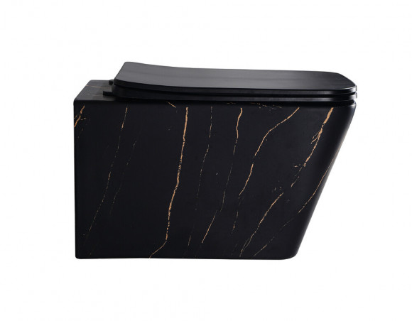 EG633Black-G Подвесной унитаз EvaGold мрамор черное золото, безободковый, сид. черн. мат. тонкое ДП 