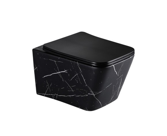 EG633Black-W Подвесной унитаз EvaGold мрамор черно-белый, безободковый, сид. черн. мат. тонкое ДП 