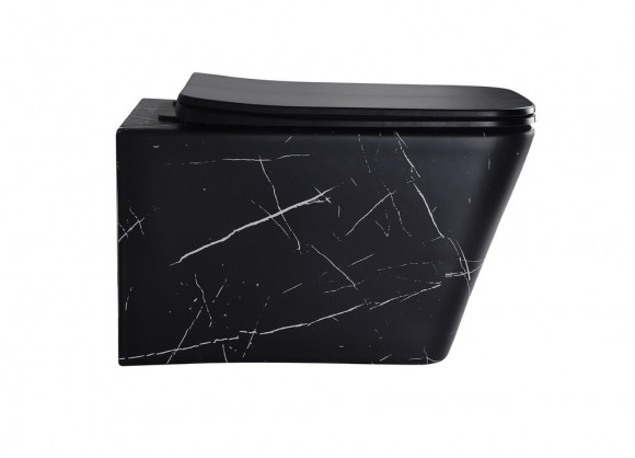 EG633Black-W Подвесной унитаз EvaGold мрамор черно-белый, безободковый, сид. черн. мат. тонкое ДП 