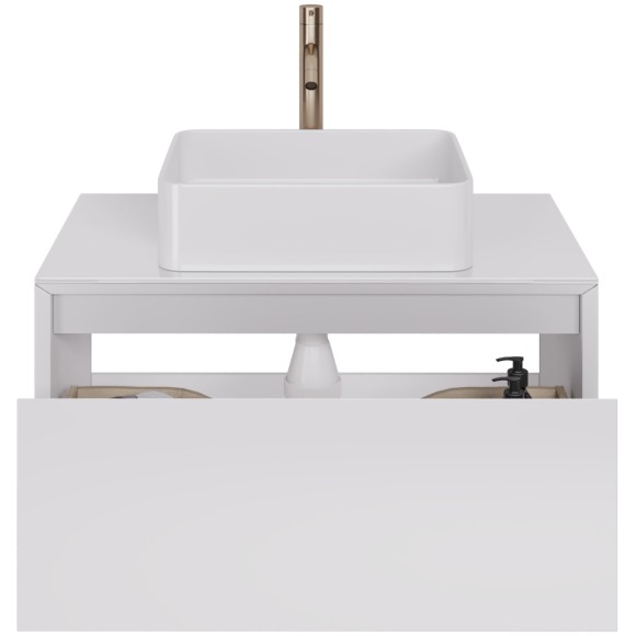 Тумба INSIGHT, 80 см, подвесная, стеклянная столешница с отверстиями для установки накладного умывальника и смесителя, 1 ящик, белый глянец Тумба INSIGHT, 80 см, подвесная, стеклянная столешница с отверстиями для установки накладного умывальника и смесителя, 1 ящик, белый глянец