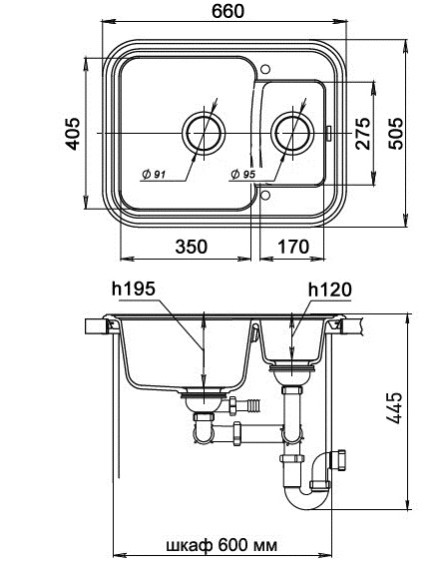 EWIGSTEIN Мойка ANTIK 60К  1,5 -чаши  660*510мм черный арт.EW-